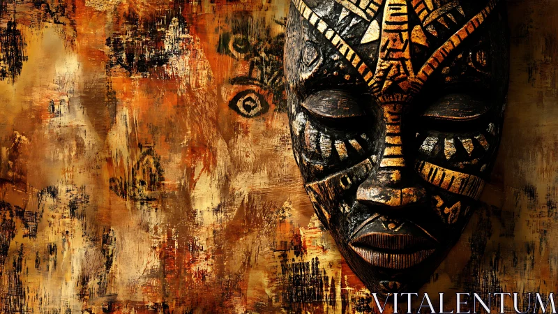 Carved tribal mask on textured ochre ground with stratified patina