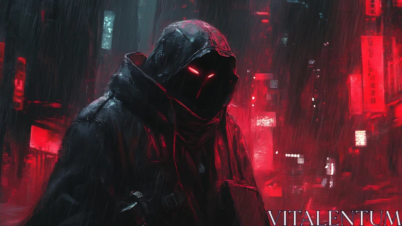 Hooded figure with glowing red eyes stands in neon rain