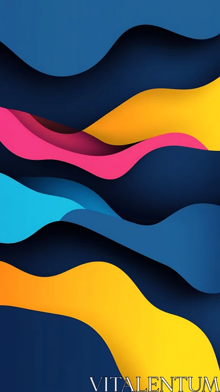 Layered color waves curve across deep blue background.