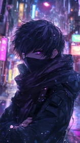 Masked neon vigilante beneath prismatic cyberpunk skylight.