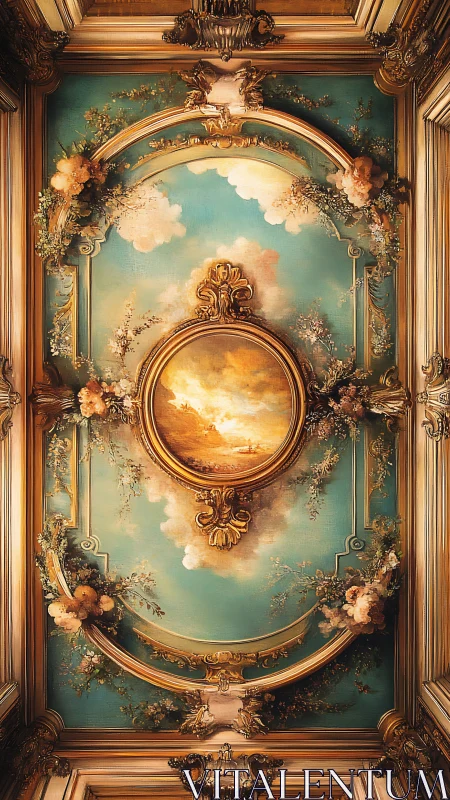 Rococo ceiling panel with gilded stucco cartouche and sky mural