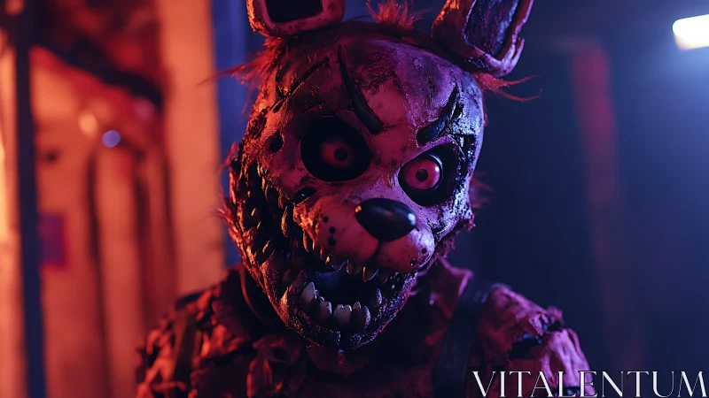 Distressed animatronic rabbit mask under neon horror lighting