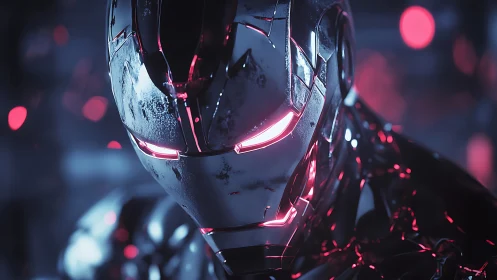 Cyberpunk chrome mech portrait with neon magenta rim lighting.