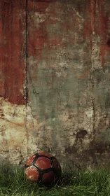 Weathered concrete wall with worn orange football in grass.