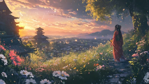 Woman in traditional attire stands above town at sunset