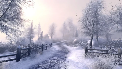 Winter path drifts softly toward a sunlit frost-dim horizon