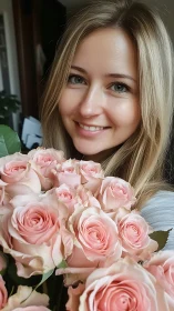 Woman holding bouquet of soft pink roses indoors. Period.