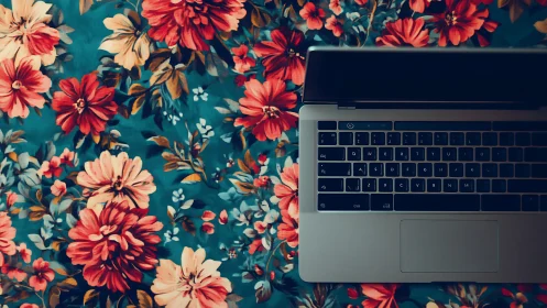 Open laptop rests on bold teal and red floral background.