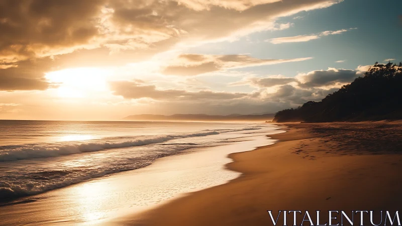 Golden evening waves roll gently along a quiet sandy shore