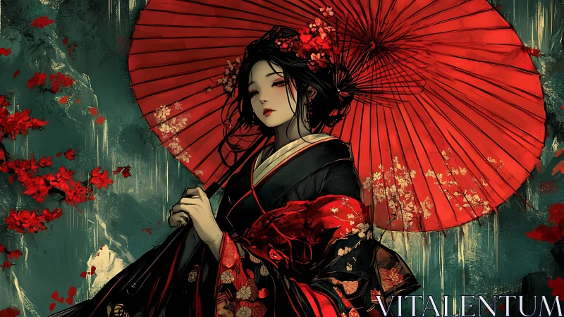 Crimson umbrella hushes the night around a quiet geisha