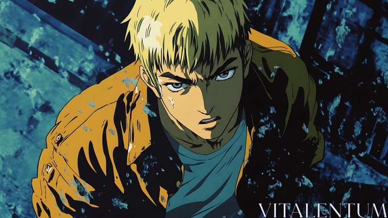 Determined anime hero stares upward in a gritty urban night