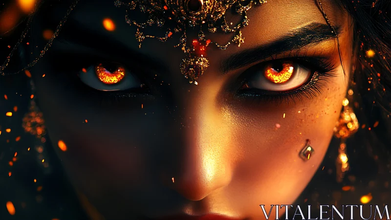 Fiery-eyed goddess portrait with jeweled headpiece and embers.