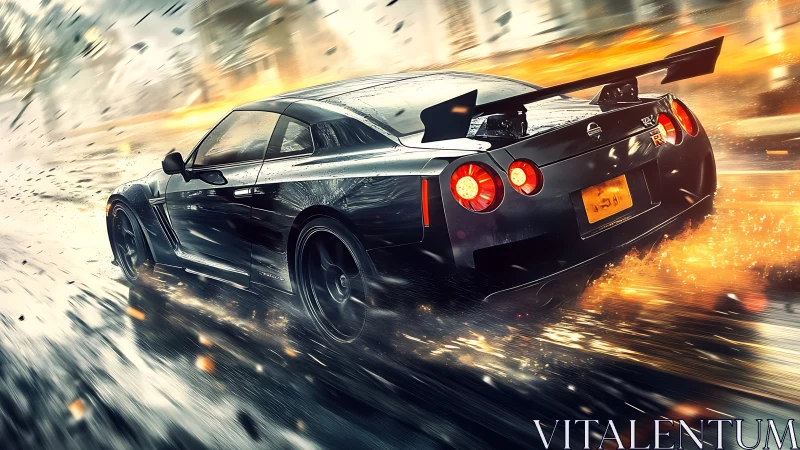 Explosive night street sprint with tuned black sports coupe.