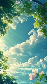 Sunlit foliage frames tranquil sky with luminous clouds.