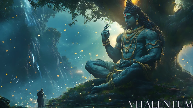 Colossal blue deity meditating beneath luminous ancient tree