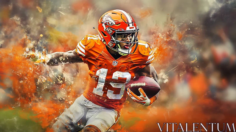 Explosive gridiron sprint in orange dynamic motion field art.
