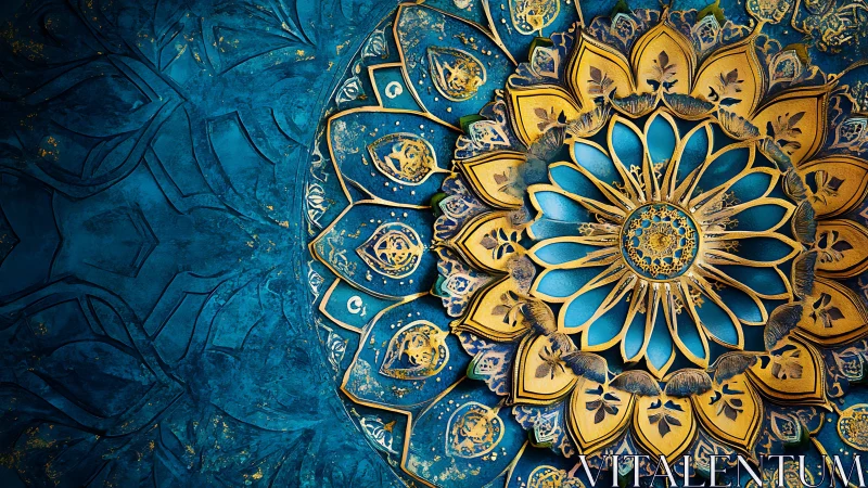 Ornate teal and gold mandala rosette with layered relief petals.