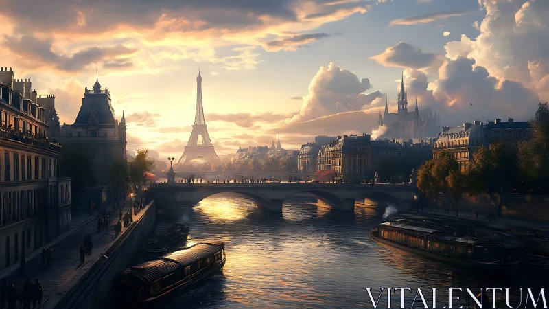 Sunset city river view with tower and bridge skyline.