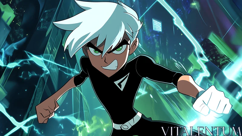 Electric-haired teen hero racing through a neon ghost city.