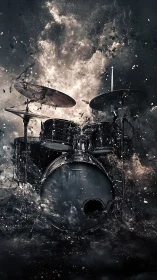 Drum kit silhouette amid abstract smoke and particle field.