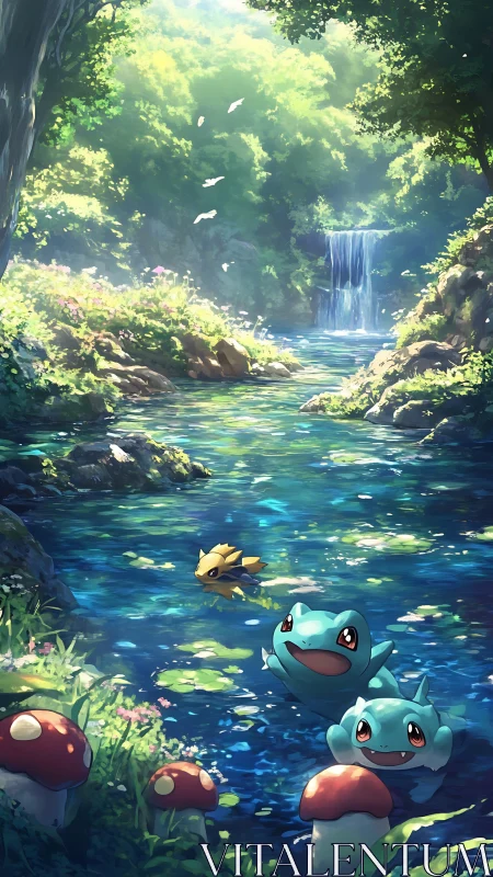 Cute frog monsters swim in bright forest river scene.
