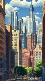 Sunlit city canyon where classic towers greet clear skies.