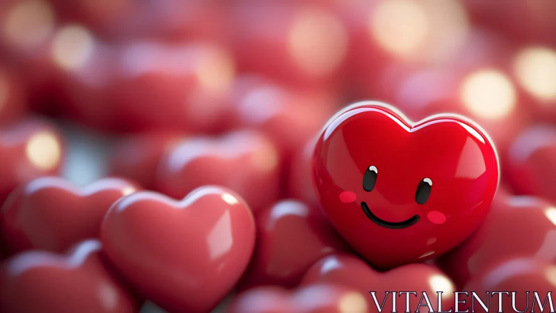 Happy Heart Smiling Among Warm Bokeh Hearts in Red