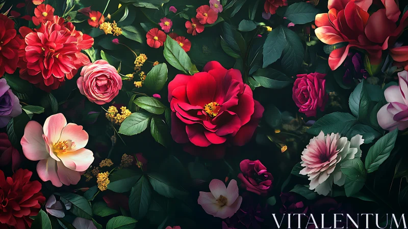 Vibrant Garden Blooms: Lush Floral Arrangement with Deep Green Backdrop