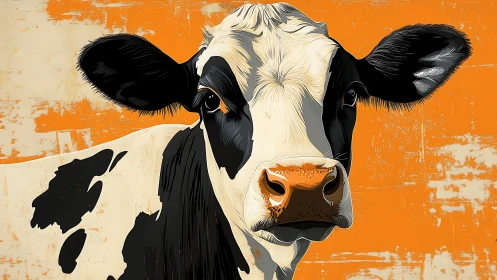 Vector-precise Holstein cow portrait on distressed orange field.