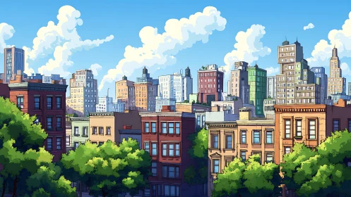 Sunlit city brownstones welcome a bright and breezy skyline