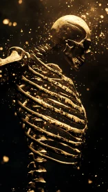 Golden embers drift around a quietly glowing skeleton.