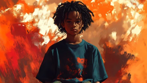 Quiet young dreamer framed by glowing orange brushstrokes.