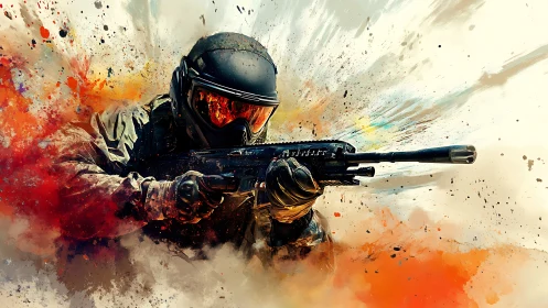 Armored soldier with rifle amid abstract color explosion.