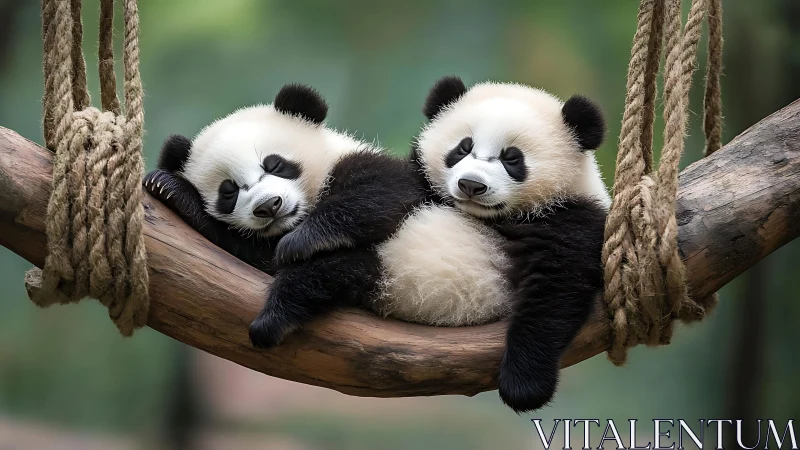 Sleepy baby pandas cuddle together on a wooden branch.
