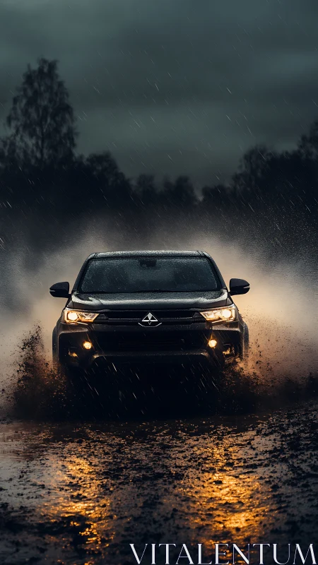 Midnight off-road SUV charging through stormlit mud.