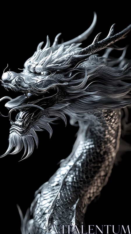 Monochrome serpentine dragon rendered in metallic detail.
