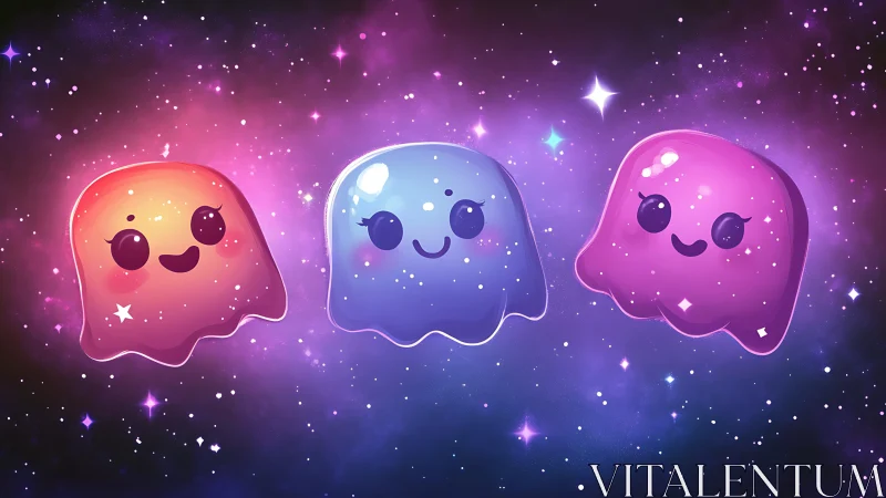 Cute jelly ghosts float through a sparkling cosmic nebula.