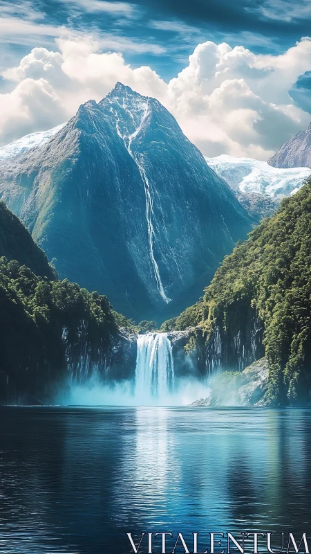 Majestic glacial waterfall cascades into a tranquil fjord lake