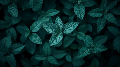 Top-view macro study isolates textured mint leaves in teal
