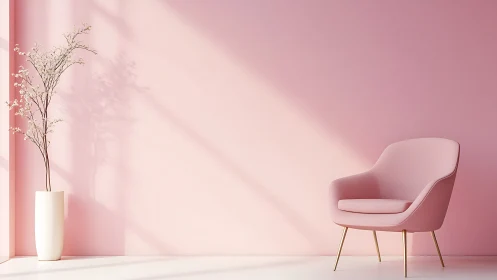 Minimal pink lounge corner with chair and floor vase.