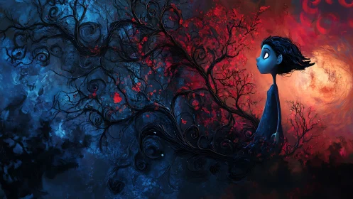 Moonlit dreamer watches tangled branches bridge night skies