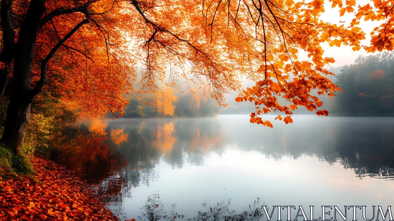 Autumn foliage over calm reflective lake in soft mist.