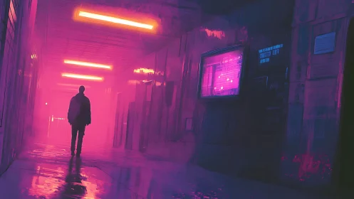 Neon drenched corridor with solitary figure in magenta haze.