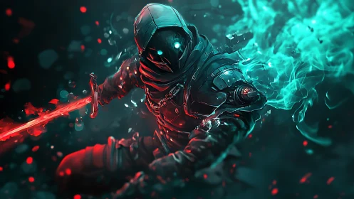 Hooded cyber assassin lunges forward with neon plasma blade