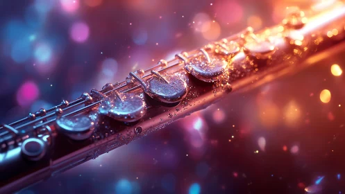 Iridescent flute keys shimmer amid glowing bokeh lights.