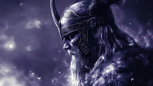 Stormlit Viking warlord in ornate horned helm profile.