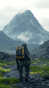 Solitary trekker crossing misty valley toward mountain.