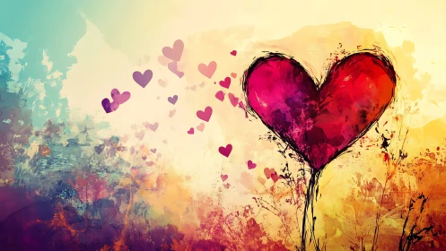 Red Heart Floating Among Watercolor Dreams