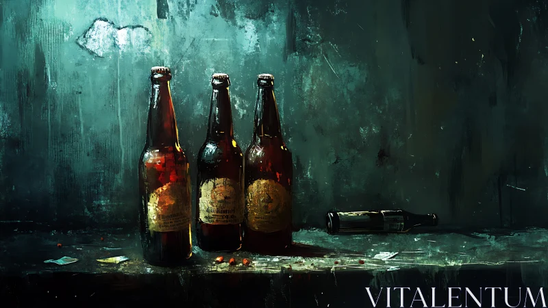 Moody beer bottle still life in cinematic teal light.