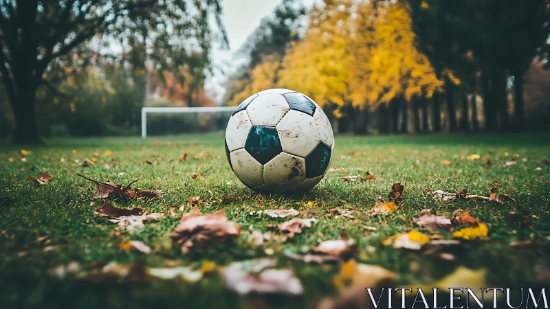 Weathered soccer ball on autumn field in shallow focus.